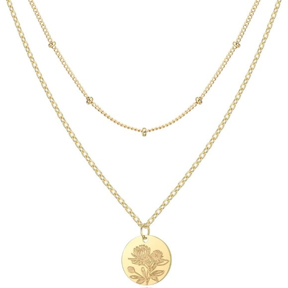 Personalized Birth Flower Coin Pendant Necklace Set - Perfect Birthday Gift - Picture 1 of 7